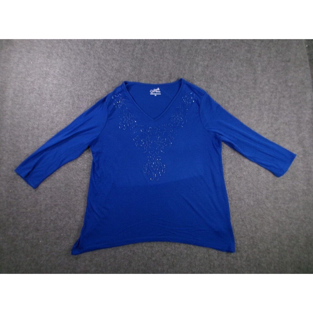 Jaclyn Smith Top Woman Large Blue Base Layer Capsule Work Beaded Neck Casual